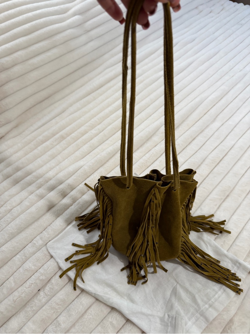 Olive Suede( genuine leather)Fringe Bucket Bag - Women - Picture 2 of 12
